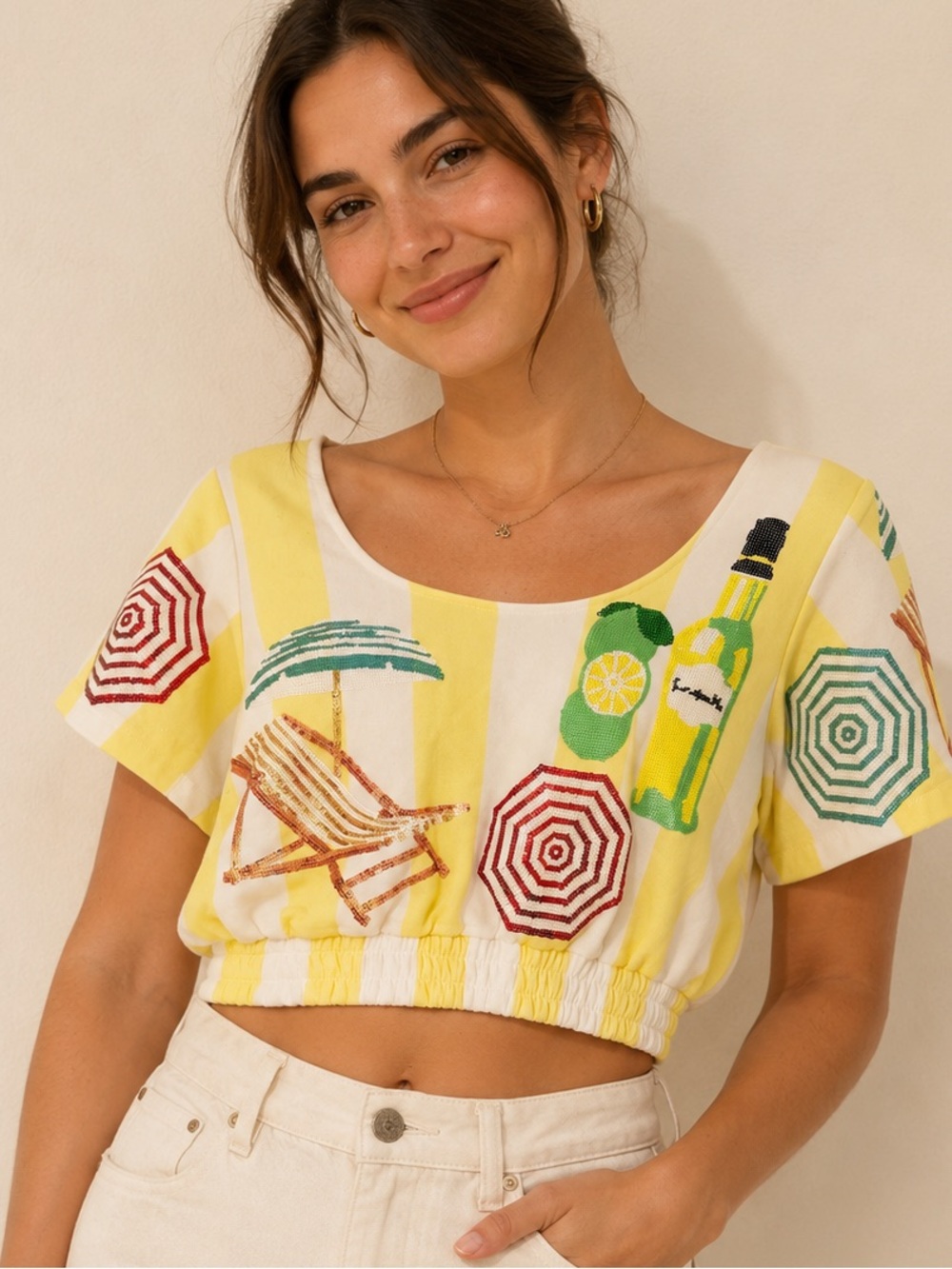 Queen of Sparkles Yellow Stripe Embellished Crop Top Size Small S *